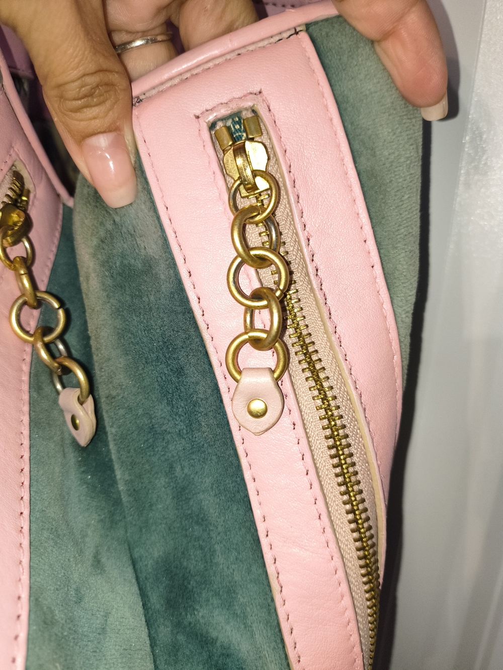 Juicy Couture Green Velvet Tote with Pink Leather Handles and Embroidered Crest - Picture 9 of 12